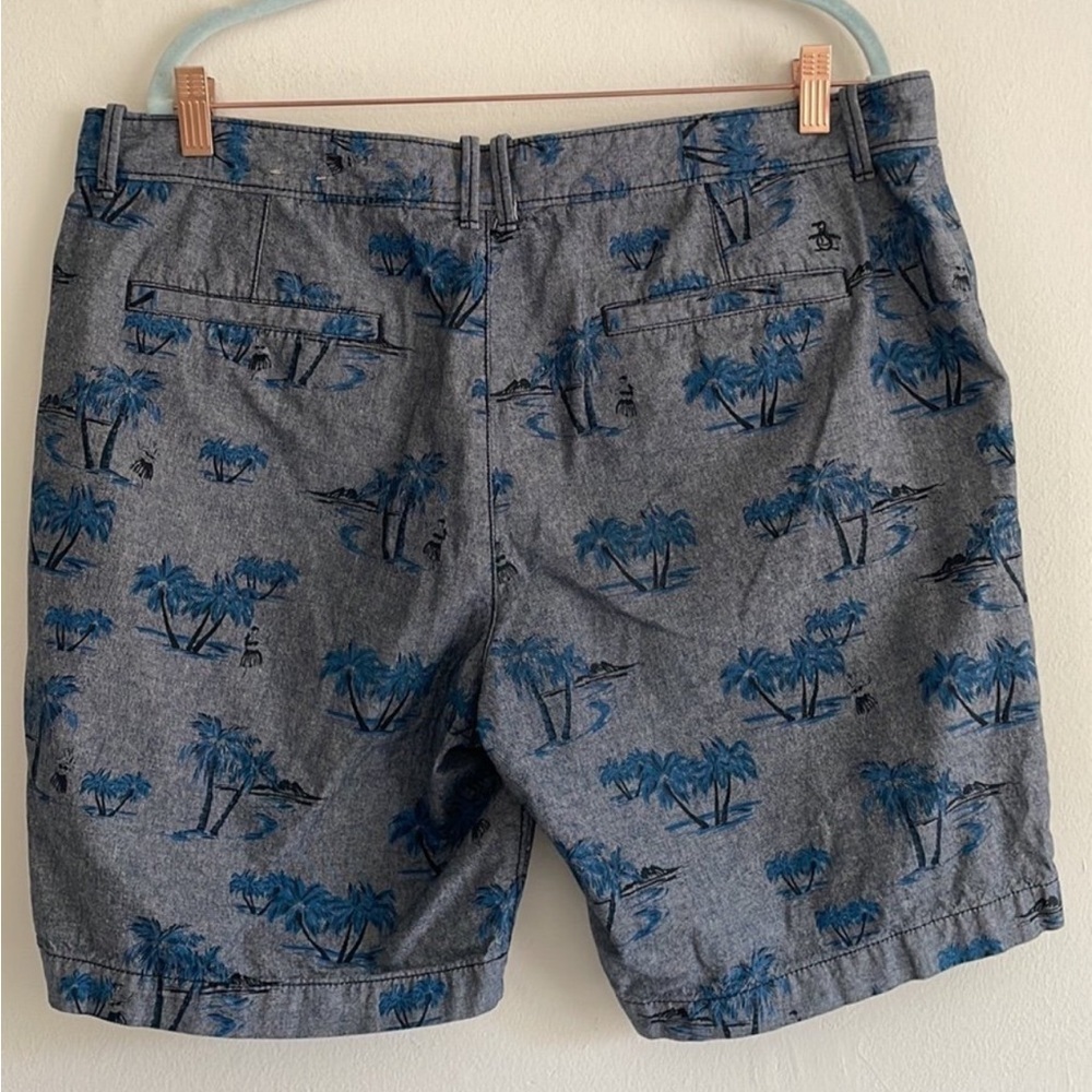 Original Penguin Blue Cotton Novelty Palm Print Classic Fit Casual Shorts - Picture 2 of 5